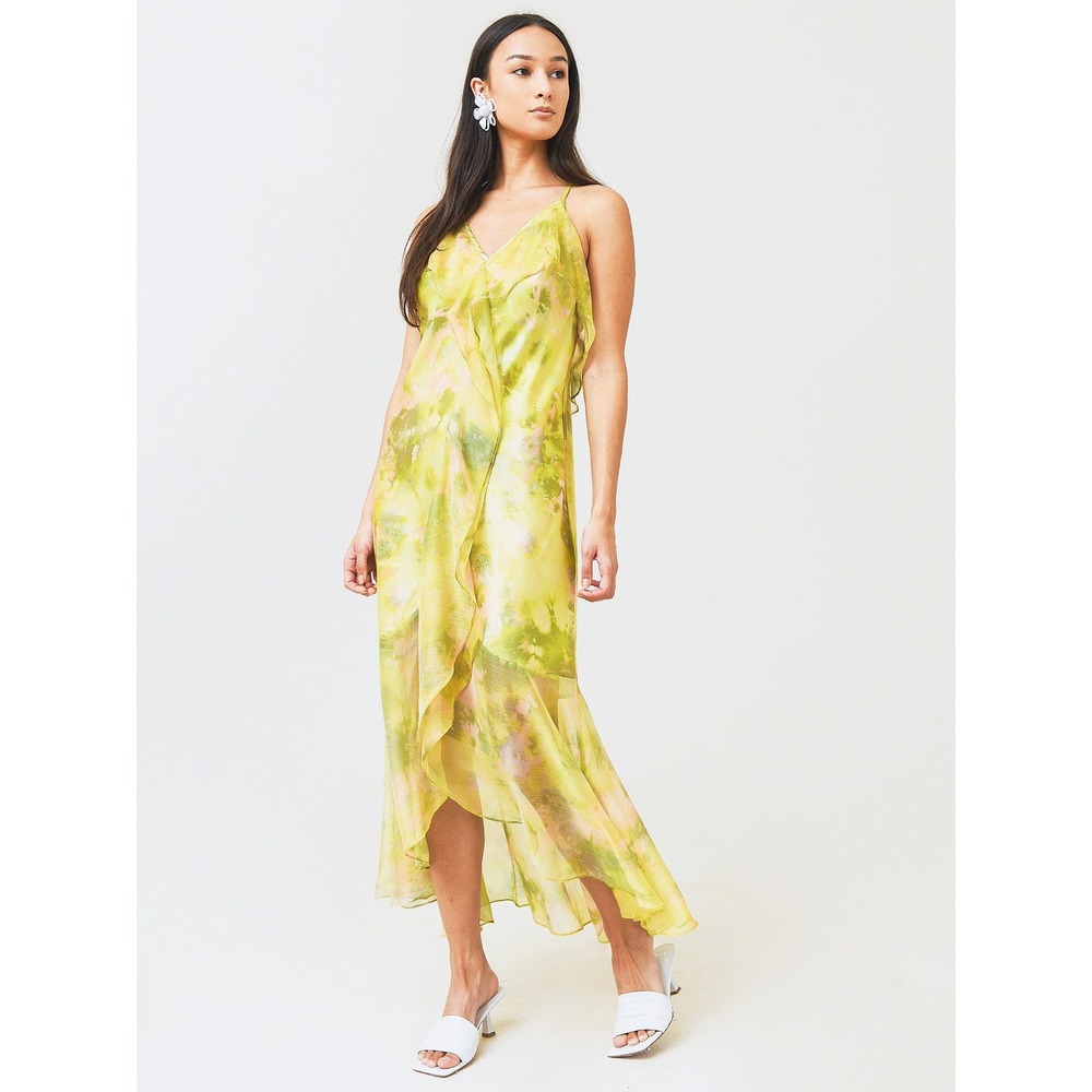 MISA Los Angeles Aina Ruffle Maxi Dress Large Chartreuse Abstract Floral